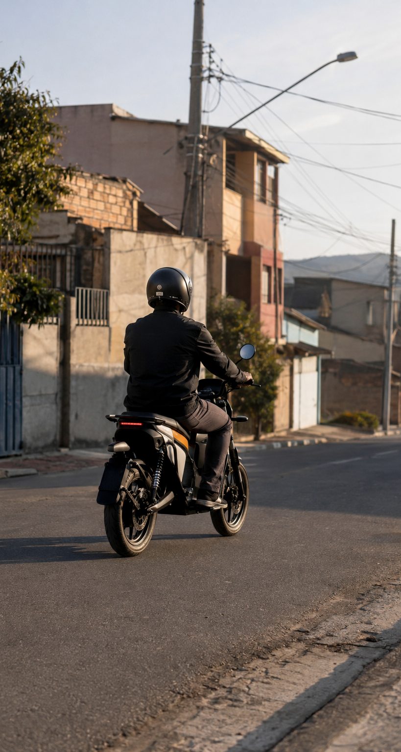 Pessoa conduzindo uma motocicleta elétrica em rua urbana
