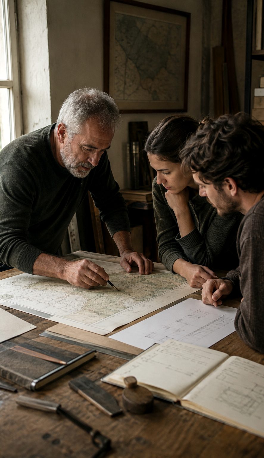 Três adultos estudando mapas e desenhos sobre uma mesa de madeira